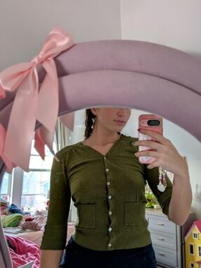 Green Button-Up Quarter Sleeve Cardigan Size 10